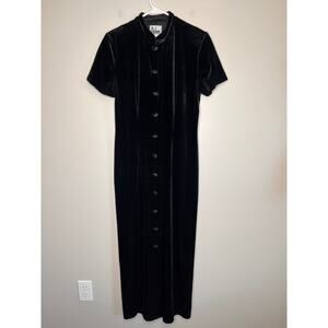 1990s RJ & Co Black Velvet Witchy Whimsigoth Vampire Stretch Midi Length Dress M